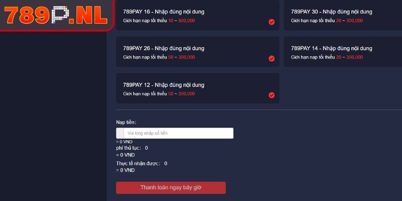 Nạp tiền 789P qua ngân hàng
